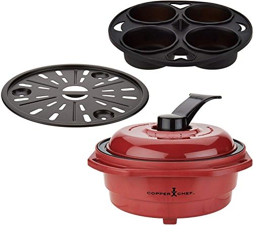 Microwave Grill with Grill Press Lid and Accessories (Grill, Bake, Roast, Saute, Steam, Poach) Includes base unit, grill press lid, support ring, baking tray, steam tray, and 23 recipes, Copper Chef