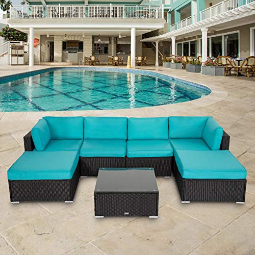 Peach Tree 7 PCs Outdoor Patio PE Rattan Wicker Sectional Sofa Furniture Set with 2 Pillows and Tea Table