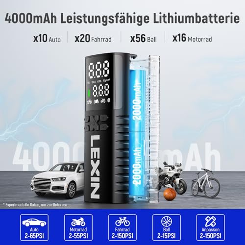 LEXIN P4 Elektrische Luftpumpe, Akku Kompressor 4000mAh, Tragbare Luftpumpe Fahrrad 150 PSI (10,3 Bar), Luftkompressor für Fahrrad Auto Motorrad Bälle, Mini Reifenpumpe mit LED-Anzeige, Notbeleuchtung thumbnail 3