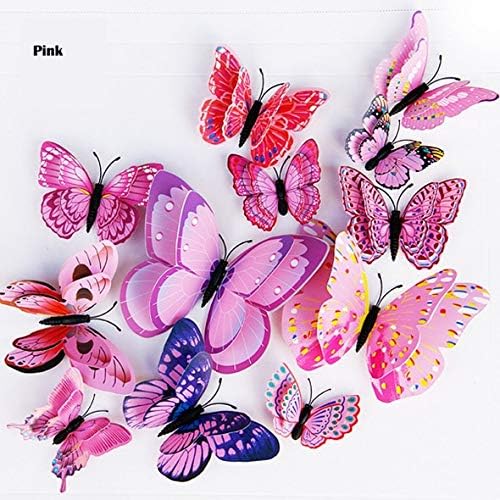 Pnizun - 12Pcs Double layer 3D Butterfly Wall Sticker on the wall Home Decor Butterflies for decoration Magnet Fridge stickers [Pink]