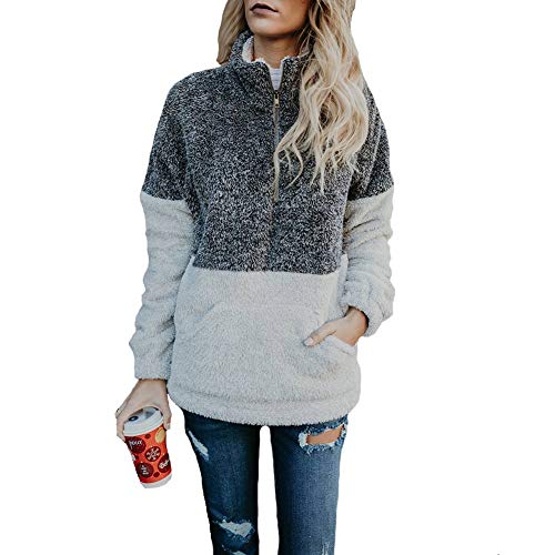 Women Long Sleeve Pullover Soft Fleece Zip Sweatshirt with Pockets Outwear Coat Gray