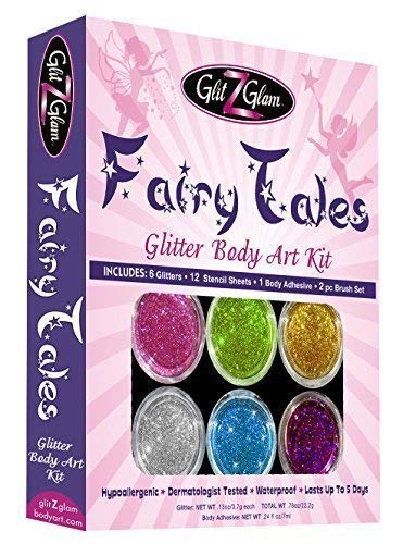 FAIRY TALES Glitter Tattoo Kit - HYPOALLERGENIC and DERMATOLOGIST TESTED!- with 6 LARGE Glitters Pots, Large Body Adhesive, Large Amazing Stencils & 2 Cosmetic Brushes for Temporary Tattoos & Body Art