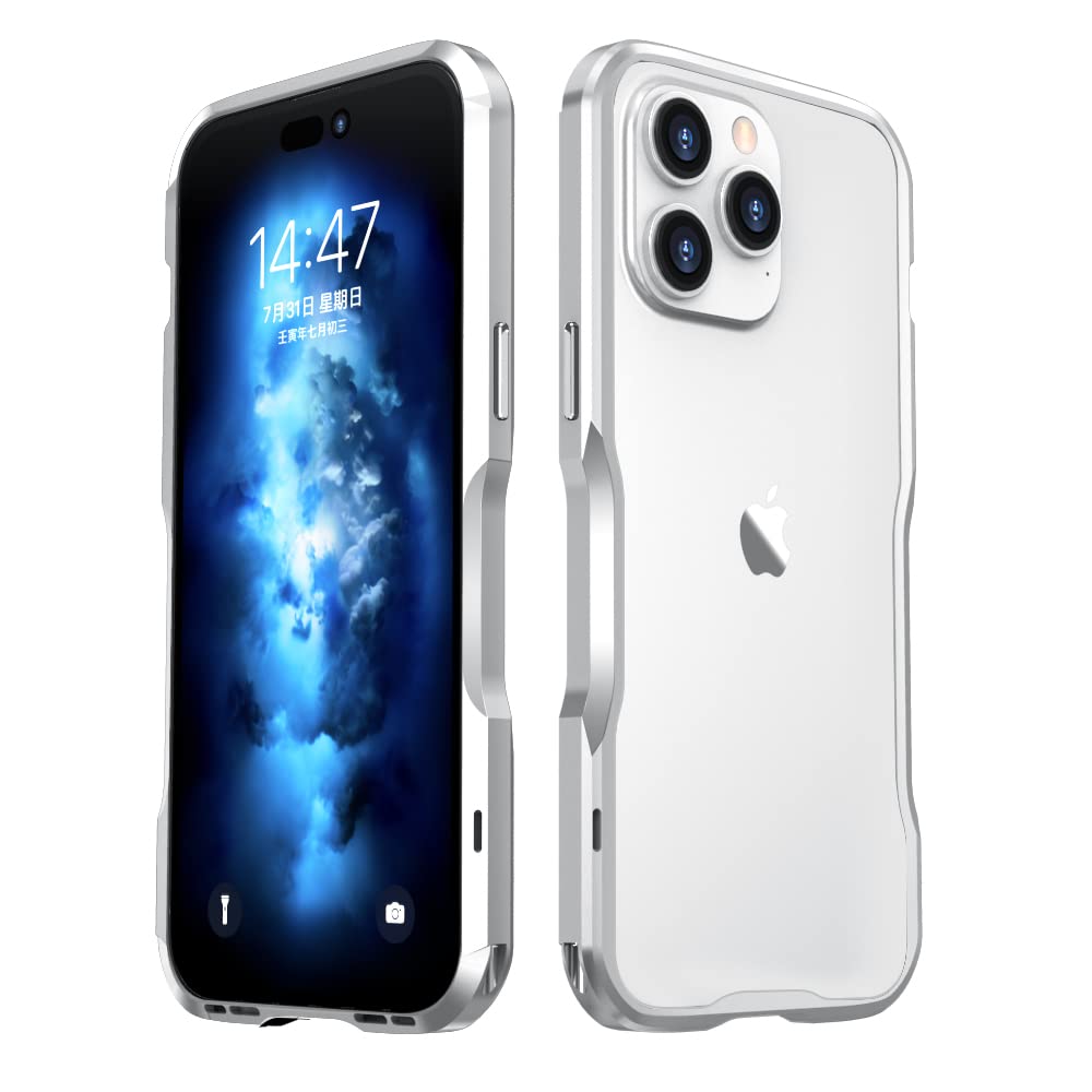 Photo 1 of HENGHUI Aluminum Bumper Case Compatible with iPhone 14 Pro Max - Slim, Shock Absorbent Metal Frame Cover (Silver)