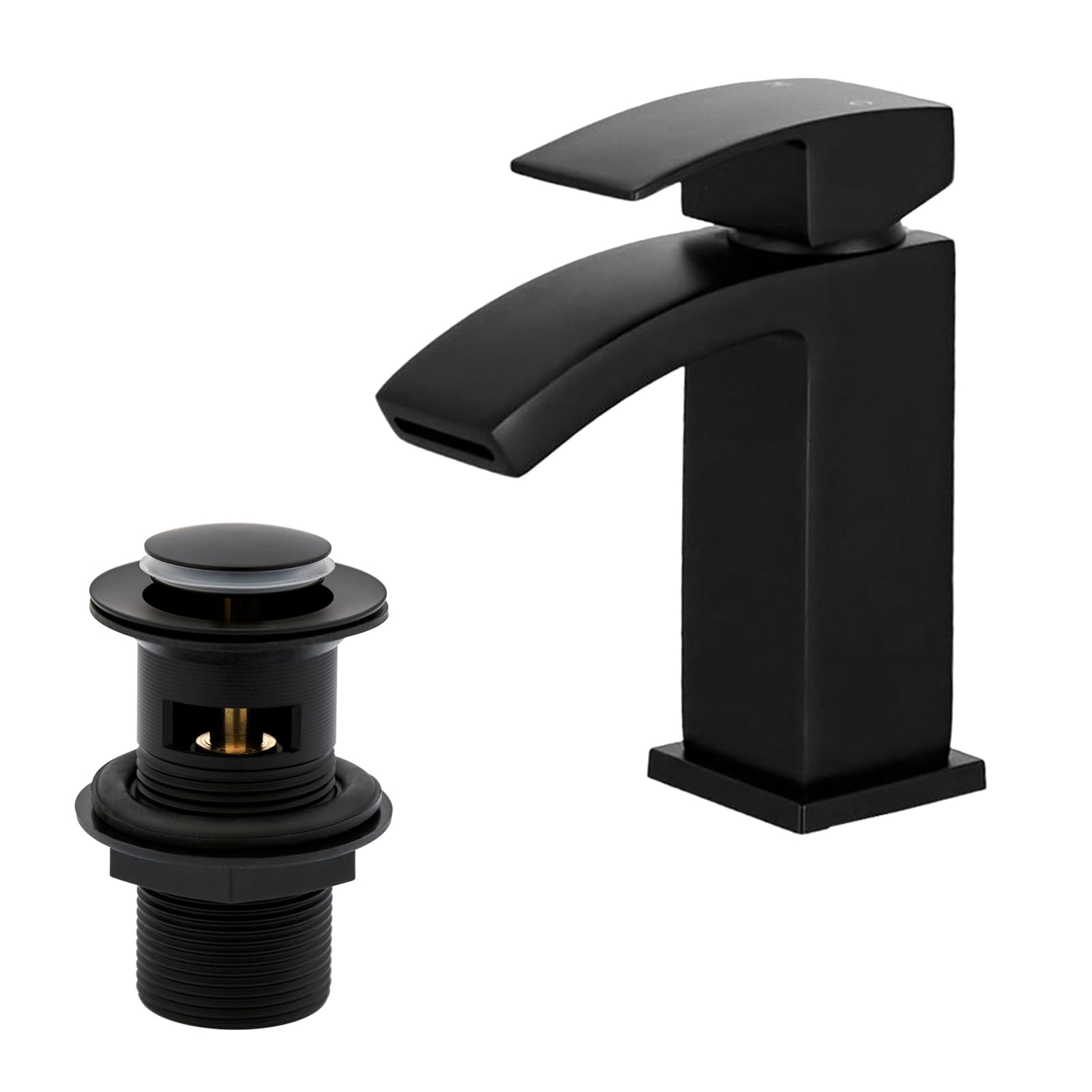 Waterfall Bathroom Sink Taps with Drain, BATHWEST Matte Black Square Basin Taps with Pop Up Waste, Monobloc Brass Bathroom Taps with Sink Plug 322MB
