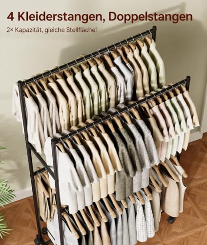 Tujurich Heavy Duty Clothes Rack - 92 x 54 x 183 cm, 4-Rail Double Rail Clothes Rail on Wheels, Metal Clothes Rack for Bedroom, Living Room, Washroom, Black