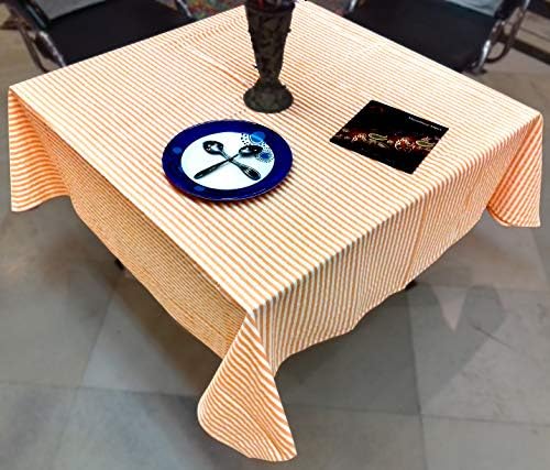 Miyanbazaz Textiles  Cotton  Dining Table Cover 6 Seater Square Tablecloth  Seersucker  Yarn Dyed Stripe Design (Orange, 60" X 60")