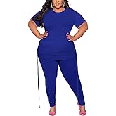 PINSV Women's Plus Size 2 Piece Outfits Sweatsuits Short Sleeve Jogger Sets Tracksuit