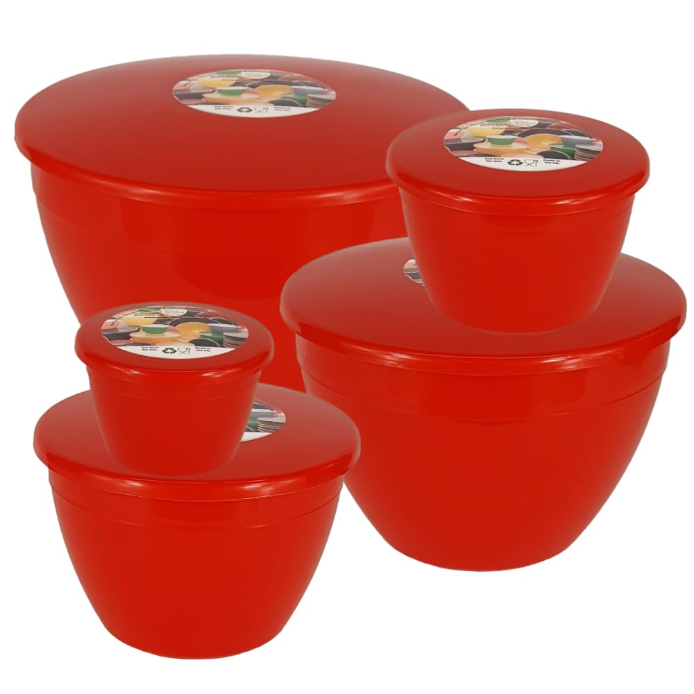 Just Pudding Basins Plastic Steaming Bowls with Lids, Set of 5 Red Nesting Basins for Christmas Puddings, Reusable Microwave Safe Baking Moulds