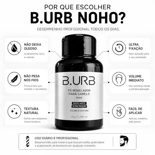 Pó Modelador Capilar B.URB NOHO 10g Matte Ultra Fixação e Volume | Efeito Matte e Textura Natural para Estilo Masculino Profissional