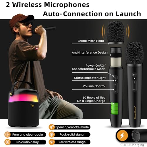 Karaoke Machine with 2 Wireless Microphones, 60W Portable Bluetooth Speaker with 360° Lights, Loud Bass, 12H Battery, Supports Bluetooth/USB/Aux/TV Connection, Ideal for Home Party&Outdoor Use