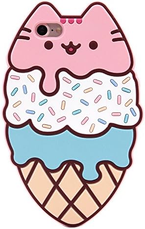 Pink Cat Ice Cream Cone Soft Silicone Case for iPhone 7 / 8 Regular Covers Cartoon Protective Shockproof Ultra Thick Colorful Fresh Cute Lovely Special Fashion Girly Gift Little Girls Women Kids Teens