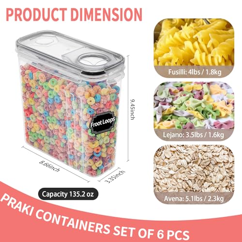Large Dry Food Storage Containers with Lids, PRAKI 6PCS 4L Airtight Cereal Containers Storage, Leak-proof Canister Set for Kitchen Pantry Organizers and Storage with 20 Labels & Marker