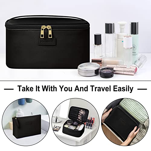 MAANGE Makeup Bag - Large Cosmetic Bag with 2pcs Small Makeup Bags Portable Leather Travel Makeup Bag Set Toiletry Bag Make Up Bags for Women and Girls, Black, 10.3''*7.1''*4.8'', Makeup Bag Set