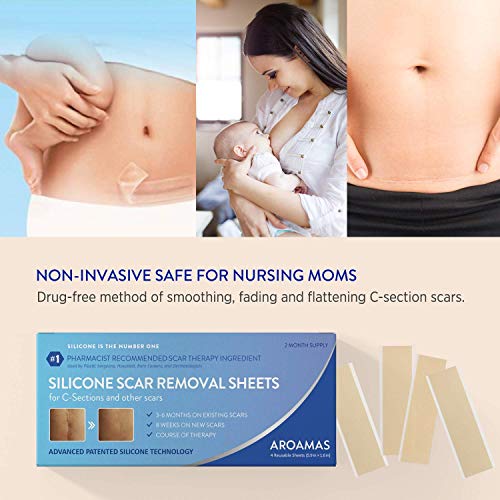 Aroamas Professional Silicone C-Section Scar Removal Sheets, Soft Adhesive Fabric Strips, Drug-Free, Relieves Itching, Remove Keloid Scars, Acne (2 Month Supply)