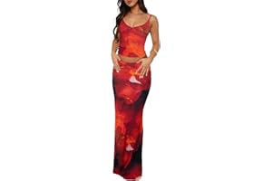 LYBIOGS Two Piece Skirt Set for Women - Sexy 2 Pc Sleeveless Spaghetti Strap Pleated Tank Top Maxi Long Skirts Sets