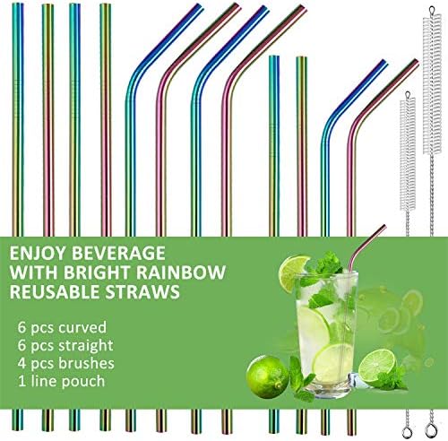 LIFNY Stainless Steel Straws Reusable Straws Drinking Metal Straws12pcs (Rainbow Color 6 Straight & 6 Bend Straws 10.5" and 8.5")