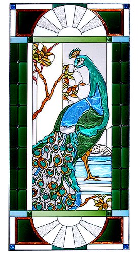 ROYAL PEACOCK Victorian WINDOW Panel 42 x 20 FACING LEFT Tempered Glass Suncatcher