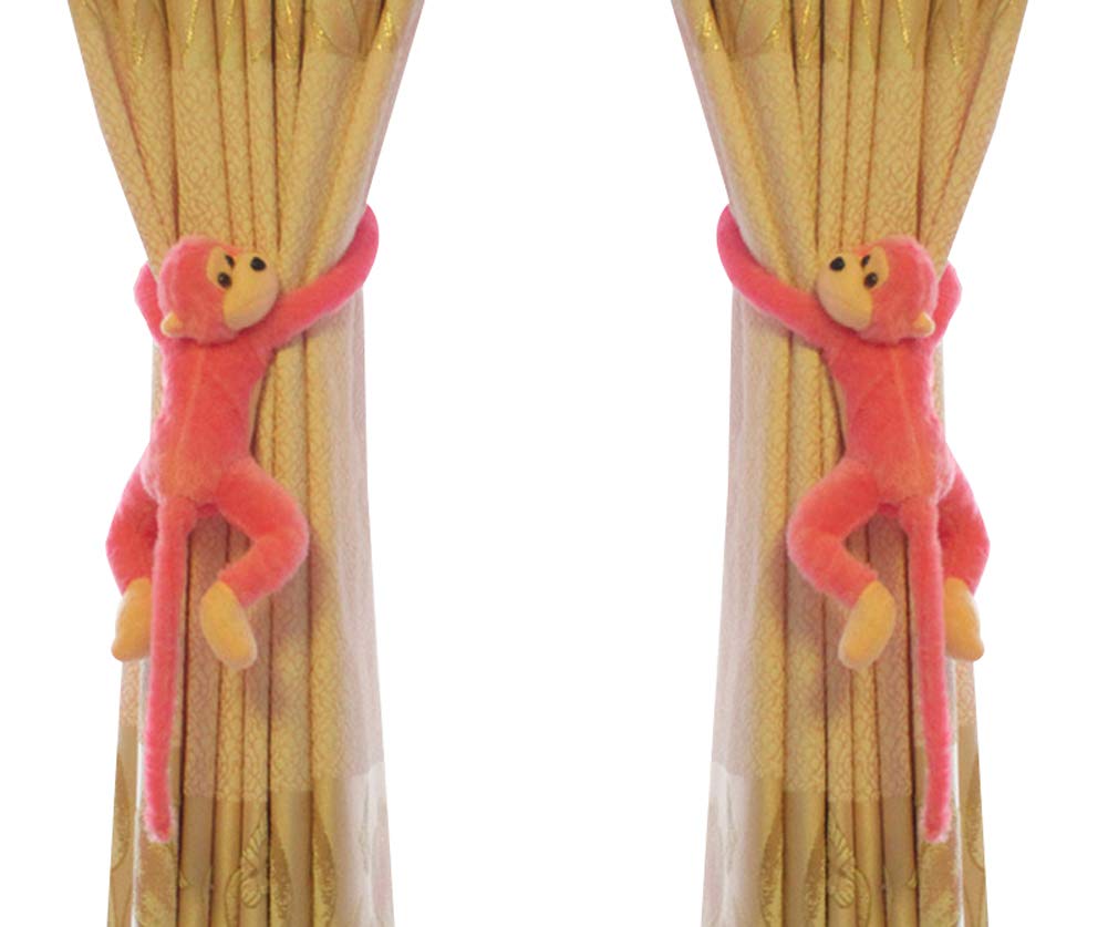 1 Pair Cutest Monkey Curtain Tiebacks Set Soft Plush Animal Curtain Holdback Clips Hooks Children Nursery Bedroom Decorative Window Curtain Tie Backs Baby Jungle Bedroom Accessories Home Decor (Pink)