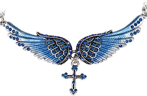 Angel Wing Cross Choker Necklace Women Biker Jewelry Gifts Crystal Antique Silver Color (Dark Blue)