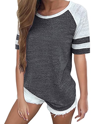 SUNNYME Wome's Baseball Tees Short Sleeves Shirts Crew Neck Striped Tunics Blouses Tops Dark Grey L