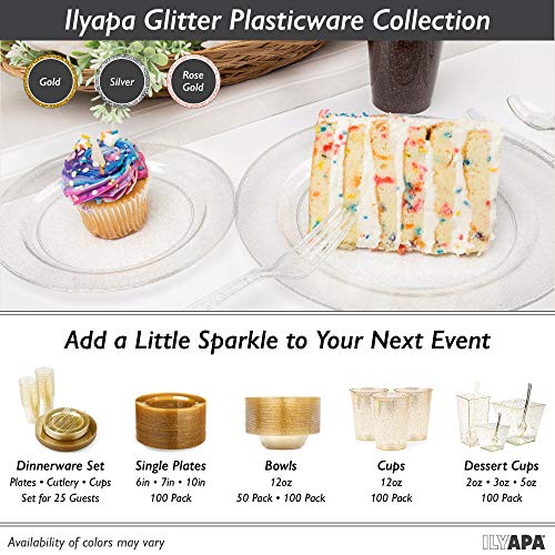 image for Ilyapa 100 Gold Glitter Plastic Plates for Dinner Party or Wedding - 1