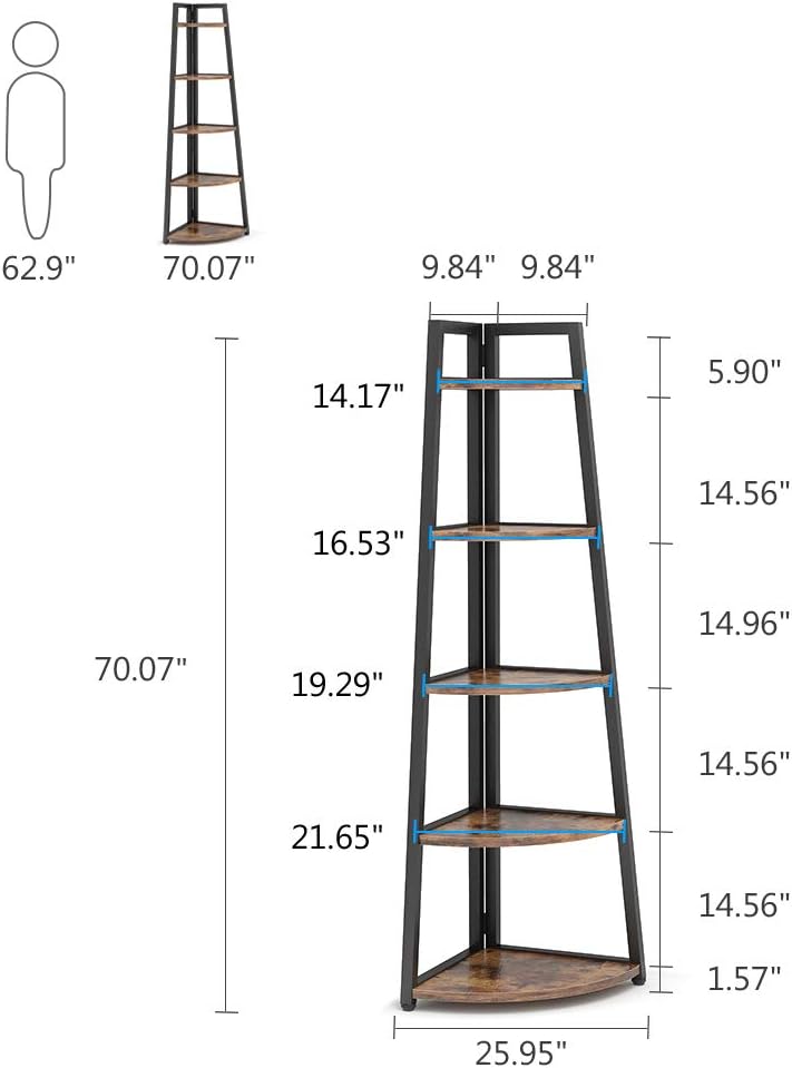 Tribesigns 70 inch Tall Corner Shelf, 5 Tier Rustic Corner Bookshelf Industrial Corner Ladder Shelf Small Bookcase Plant Stand for Living Room, Kitchen, Home Office: Kitchen & Dining