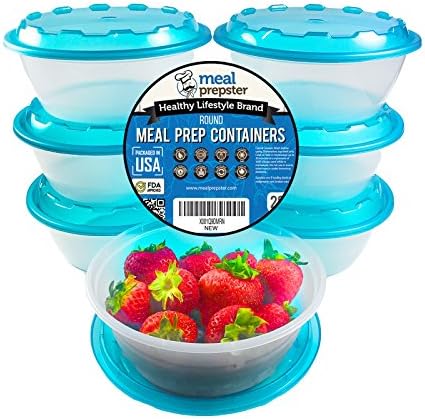 Round 1 Compartment Meal Prep Food Storage Containers - Blue Airtight Lids - [7-Pack] 32 oz - Reusable BPA Free Stackable Plastic Lunch Box Tupperware Bowl | Microwave Safe Healthy Weightloss Keto Set