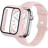 Slim Watch Band and Case Compatible with Apple Watch Bands 38mm 40mm 41mm 42mm 44mm 45mm, Soft Silicone Sport Strap with Screen Protector Combo Set iWatch Series 9 8 SE 7 6 5 4 3 2 1 for Women Men