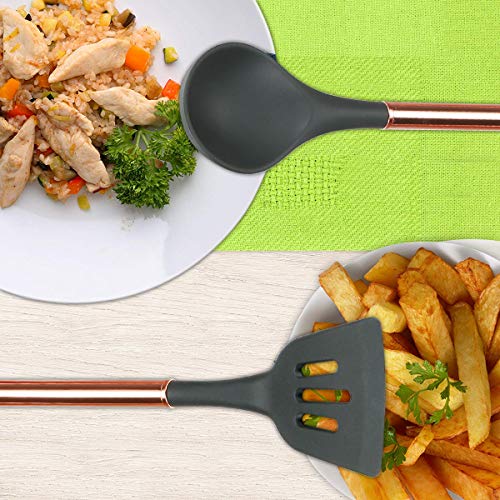 Kitchen Utensil Set - 10 Piece Silicone Cooking Utensil Set - BPA Free & Non Toxic Nonstick Cookware Set with Rose Gold Stainless Steel Handle - Includes Utensil Holder,Turners,Tongs,Spatula & Spoons - Thumbnail 3
