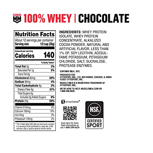 MUSCLE MILK 100% WHEY PROTEIN POWDER, CHOCOLATE, 5 POUND, 66 SERVINGS, 25G PROTEIN, 2G SUGAR, LOW IN FAT, NSF CERTIFIED FOR SPORT, ENERGIZING SNACK, WORKOUT RECOVERY, PACKAGING MAY VARY