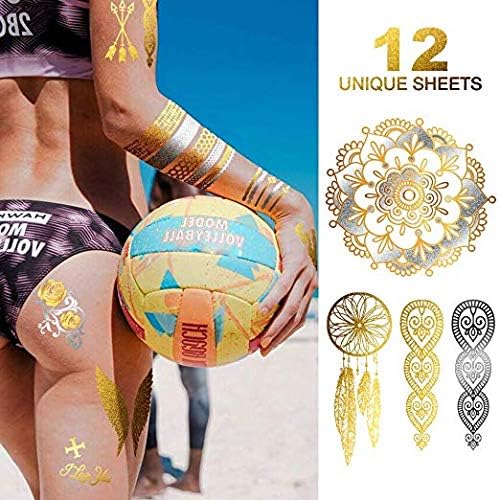 Temporary Tattoos, 12 Sheets Henna Tattoo Kit, 176 Pieces Flash Metallic Silver White Tattoos Combo, Mandala Festival Clothing, Gold Tattoos, DIY Home Decor, Boho Body Tattoos for Women Kids