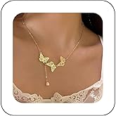 Xduargs Boho Butterfly Y Lariat Necklace Vintage Hollow Butterfly Choker Necklace Gold Butterfly Pearl Pendant Necklace Adjustable Pearl Y Drop Necklace Jewelry for Women