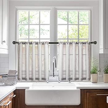 Jola's House Tier Curtains Kitchen Cafe Bathroom Window Curtain Panels, Faux Linen Texture Greyish Beige Semi Sheer Rod Pocket (W34 x L24 Inch, 2 Panels)