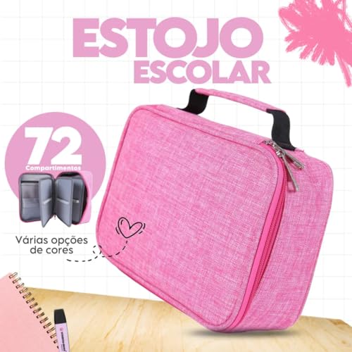 Estojo Escolar Box Organizador 72 Divisórias Grande com Alça Porta Canetas e Lápis Case Escolar Multifuncional Removível Premium (Rosa)