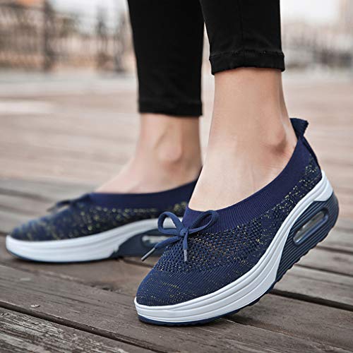 Emimarol Womens Walking Tennis Shoes Slip On Light Weight Mesh Platform Air Sneakers Dark Blue