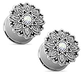 Pair of Opal Centered Antique Silver Plated Lotus Flower Top Double Flared Tunnels Ear Plug Gauges Piercings - 7 Sizes Available