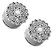 Pierced Owl Antique Silver Plated Stainless Steel Opal Centered Lotus Flower Top Double Flared Plug Gauges, Sold as a Pair (14mm (9/16