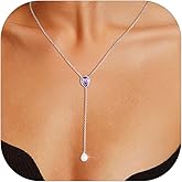 FOCALOOK 925 Sterling Silver Birthstone Long Pendant Necklace 16"-18" Y Drop Adjustable CZ Teardrop Lariat Necklaces for Women Mom Birthday Jewelry