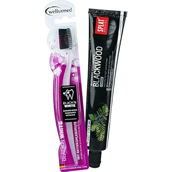wellsamed Zahnpflege Set SPLAT Blackwood Whitening Zahnpasta + Black'n White Aktivkohle Zahnbürste für weisse Zähne, 1 Set
