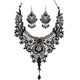 MEiySH Black Lace Gothic Lolita Pendant Choker Necklace Earrings Set (Black Set 004)