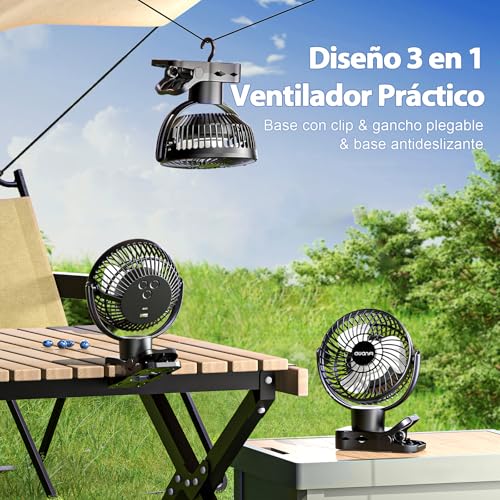 AWANFI 10000mAh Ventilador USB, Portátil Clip-on Fan, Recargable Ventilador con Mando a Distancia, Luz LED, Oscilación, Mini Ventilador de Mesa para Camping, Oficina, Habitacion, Cochecito