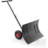 29" Snow Shovel Pusher, Heavy Duty Metal Wheeled Snow Plow with Adjustable Handle & Angled Blade, Snow Removal Tool for Drive