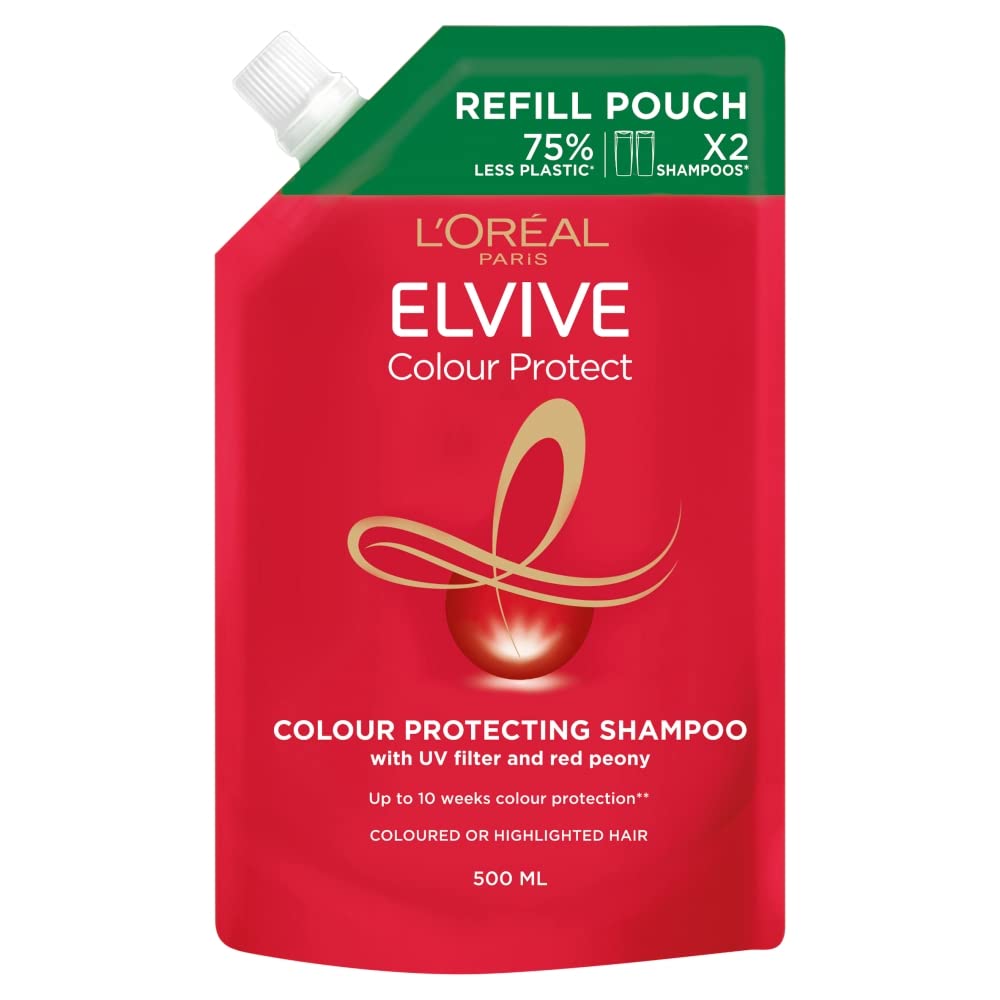 L'Oréal Paris Shampoo For Coloured Hair, Elvive Colour Protect Refill Pouch With Red Peony And UV Filters, Prolongs Colour Vibrancy And Radiance For 10 Weeks, Sustainable Value Format, 500ml Bottle