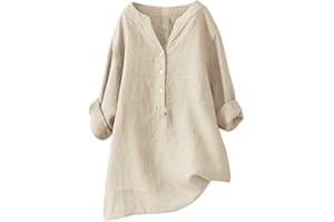 GIERIDUC Women's Cotton Linen Henley Shirts Solid Button Up Long Sleeve Baggy Shirt Casual Loose Blouse Oversiazed Tops 2024