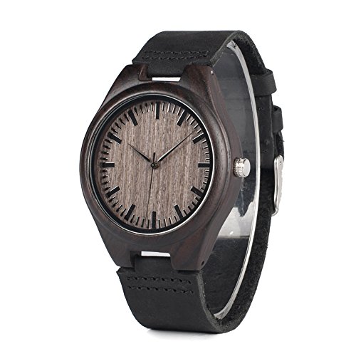 BOBO BIRD Mens Wooden Watch Analog Quartz Bamboo Watch with Black Cowhide Leather Strap Handmade Wrist Watch