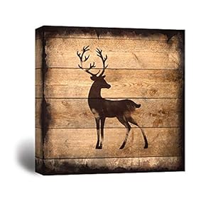 Square Deer Silhouette on Rustic Wood Board Texture Background