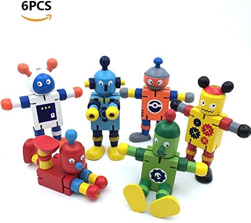 Quemu Co.,Ltd. Solid Wood Robots Toy - Elastic Robot Buddies for Role Playing/Robots Space Theme Party - Birthday/Christmas/Reward Gift for Boys/Girls 6pcs