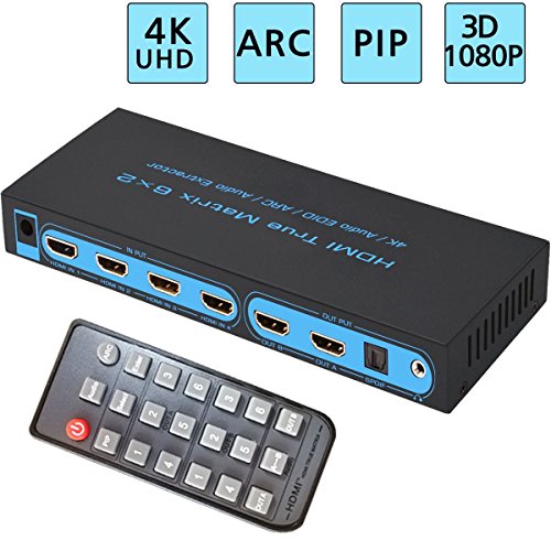 6x2 HDMI Matrix Switch, FiveHome Ultra HD 4K x 2K 6 in 2 Out HDMI True Matrix Switcher/Splitter with SPDIF and L/R 3.5mm - Support PIP, ARC,3D 1080p