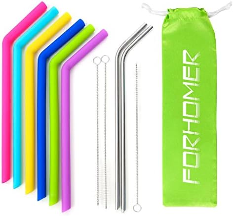 FORHOMER Silicone Straws for 30/20 oz Tumbler Yeti / Rtic Rambler - Reusable BPA Free Silicone Drinking Straws Set of 6 + 2 Extra Long Stainless Steel Straws + 3 Brushes and Storage Pouch Included
