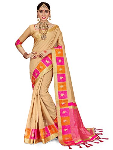 ELINA FASHION Sarees for Women Cotton Silk Woven Saree Indian Wedding Wear Sari with Unstitched Blouse (Beige)